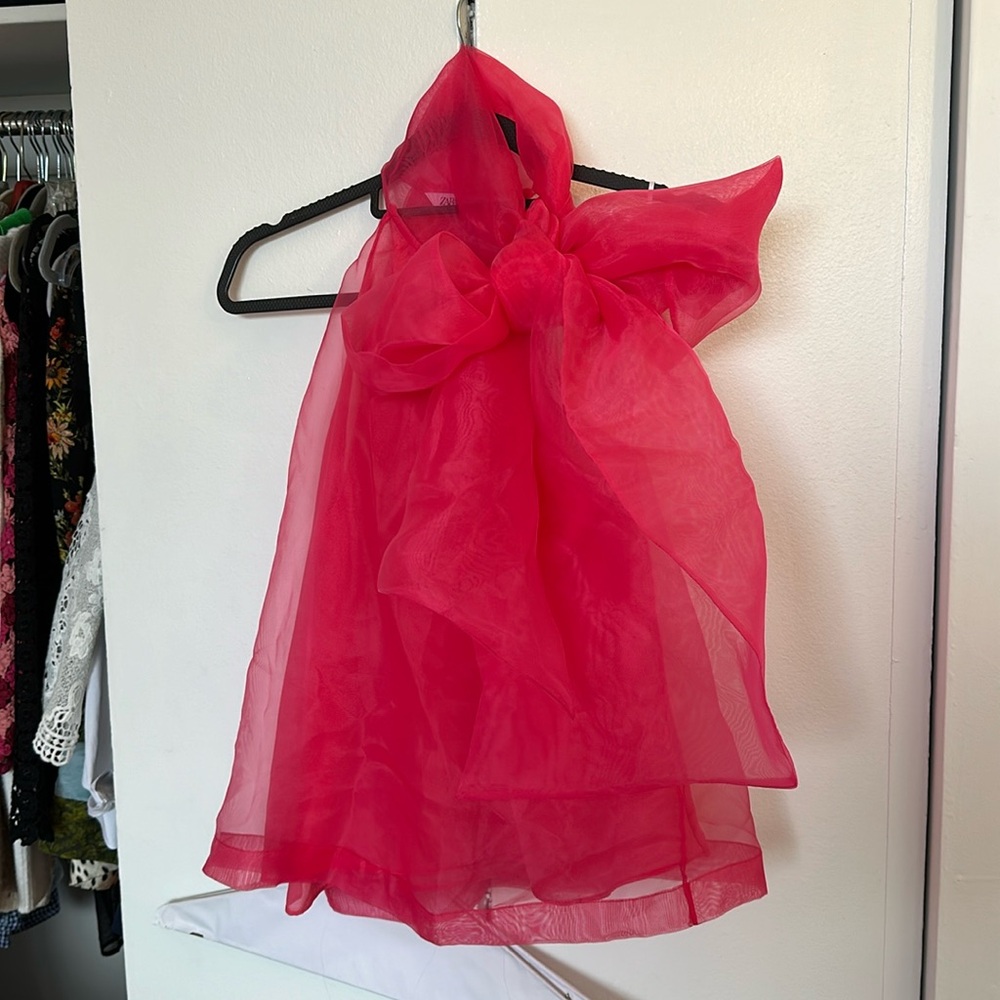 Zara Pink Organza Asymmetrical Bow Blouse